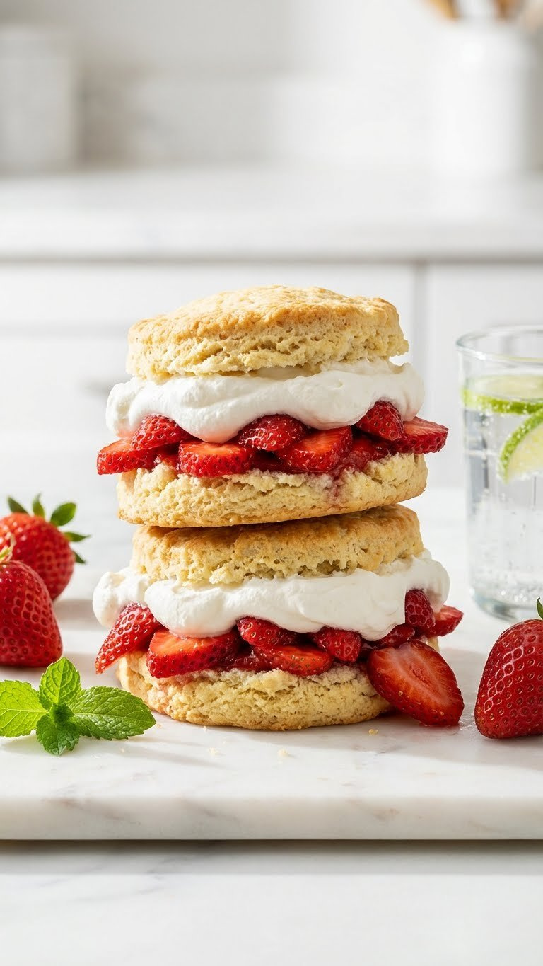 Light Strawberry Shortcake Stack With Fresh Sliced Strawberries And Whipped Cream On A White Marble Counter With Mint.