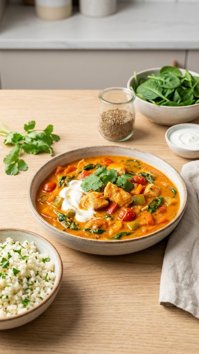 Lightened-Up Instant Pot Butter Chicken With Cauliflower Rice, Fresh Greens, And Yogurt On A Light Wooden Table, For Healthy Eating.