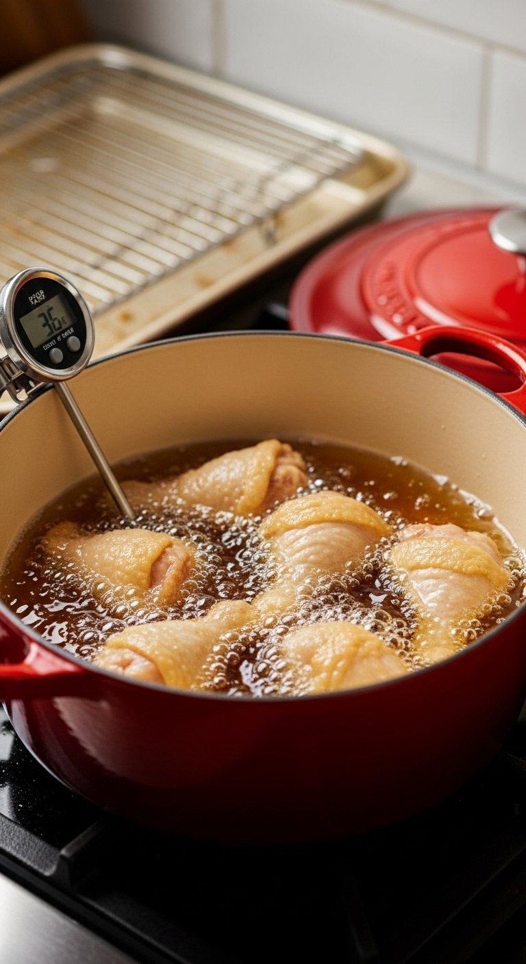 Lightly Golden Chicken Pieces Deep-Frying In A Red Enamel Dutch Oven With A Digital Thermometer Clipped To The Side.