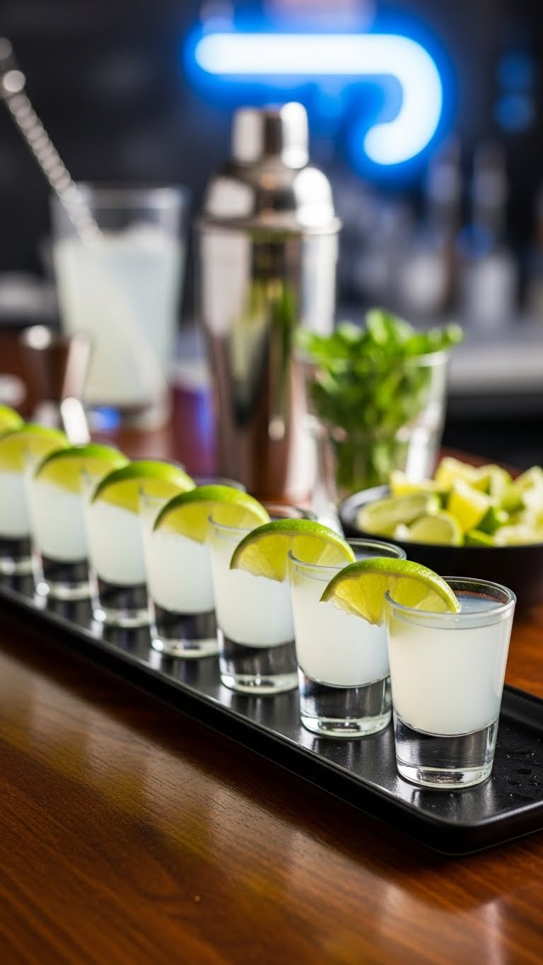 Line Of Clear Kamikaze Shots In Shot Glasses With Lime Wedges On Black Serving Tray.