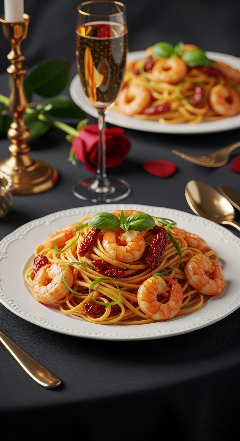 Linguine With Plump Shrimp In Creamy Sun-Dried Tomato Sauce, Garnished With Basil, On An Elegant White Plate With Champagne And Rose