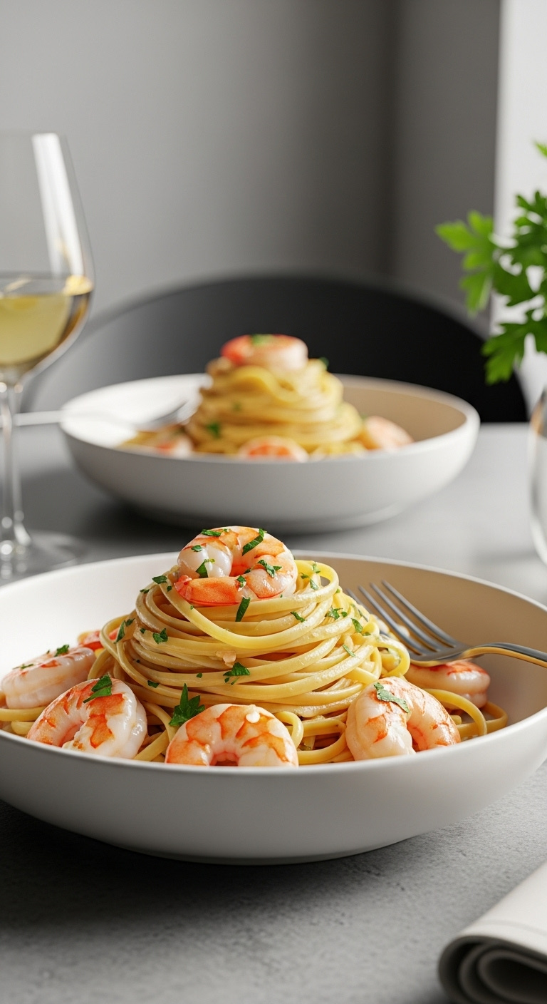 Linguine With Plump Shrimp In Glossy Garlic Sauce, Garnished With Parsley, In A White Pasta Bowl With Wine Glass And Fork