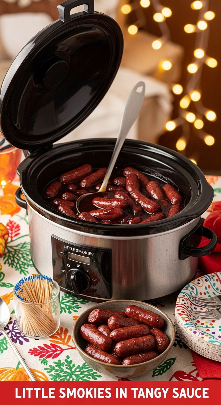 Little Smokies In Tangy Sauce In A Stylish Slow Cooker With A Serving Spoon And A Small Bowl Of Sausages