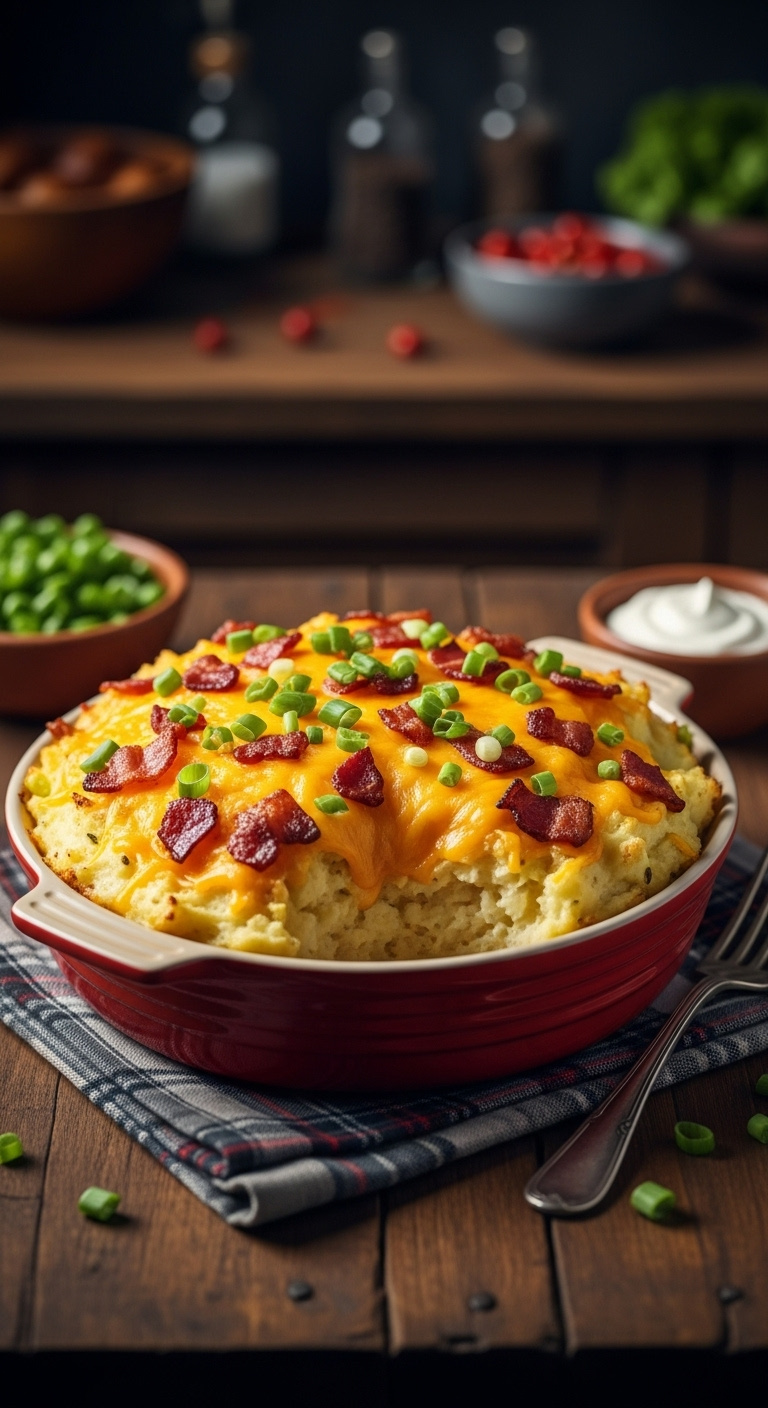 Loaded Baked Potato Casserole With Melted Cheddar Bacon And Green Onions On A Plaid Napkin