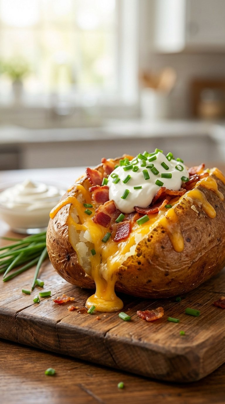 Loaded Baked Potato Overflowing With Melted Cheddar Cheese, Crispy Bacon Bits, Sour Cream, And Fresh Chives On Rustic Wooden Table