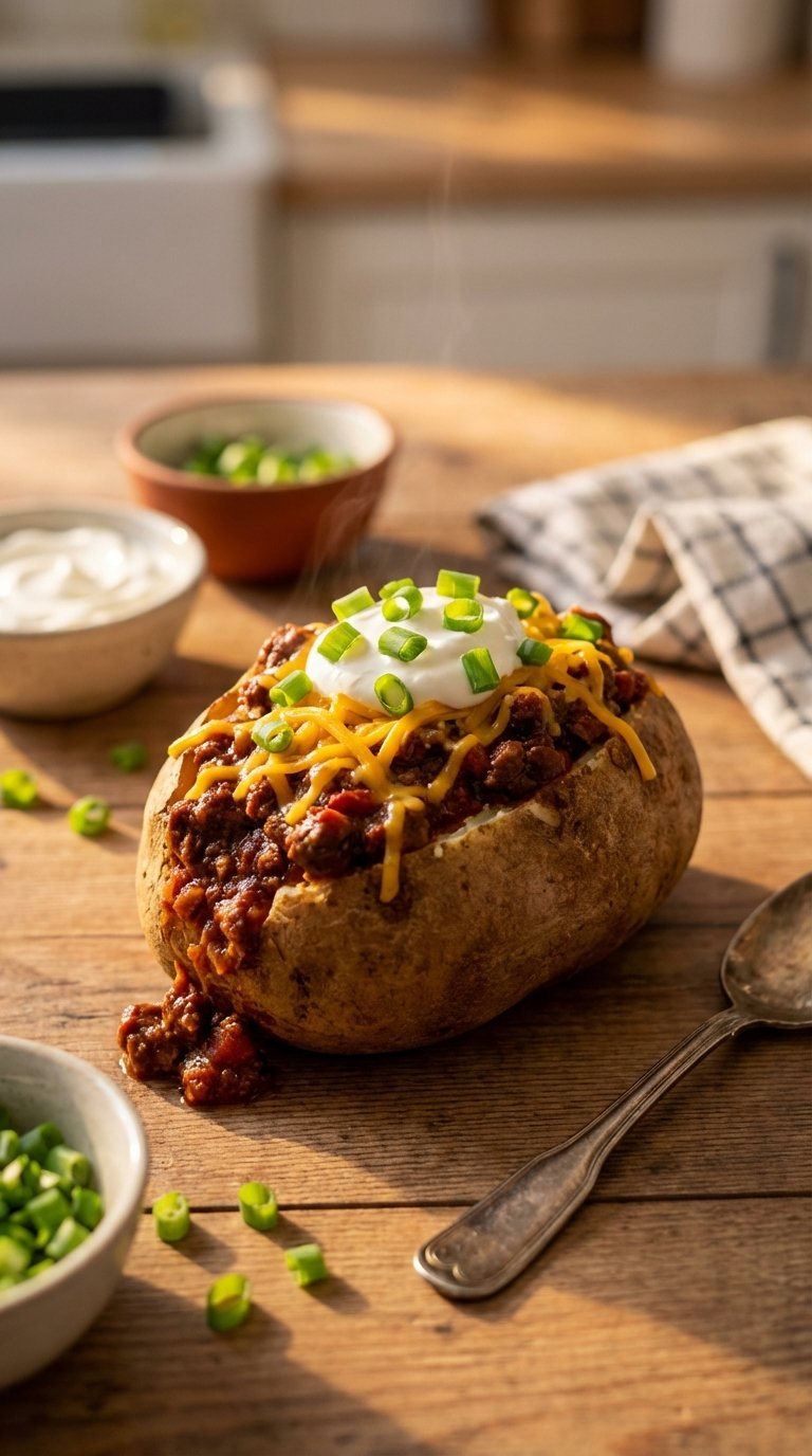 Loaded Baked Potato Overflowing With Steaming Beef Chili, Melted Cheddar Cheese, Sour Cream, And Green Onions On Rustic Wooden Table