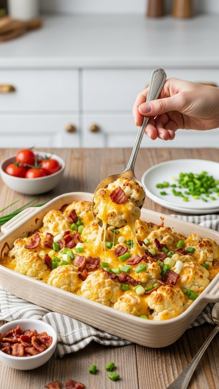 Loaded Keto Cauliflower Bake With Cheesy Sauce, Crispy Bacon Bits, And Green Onions