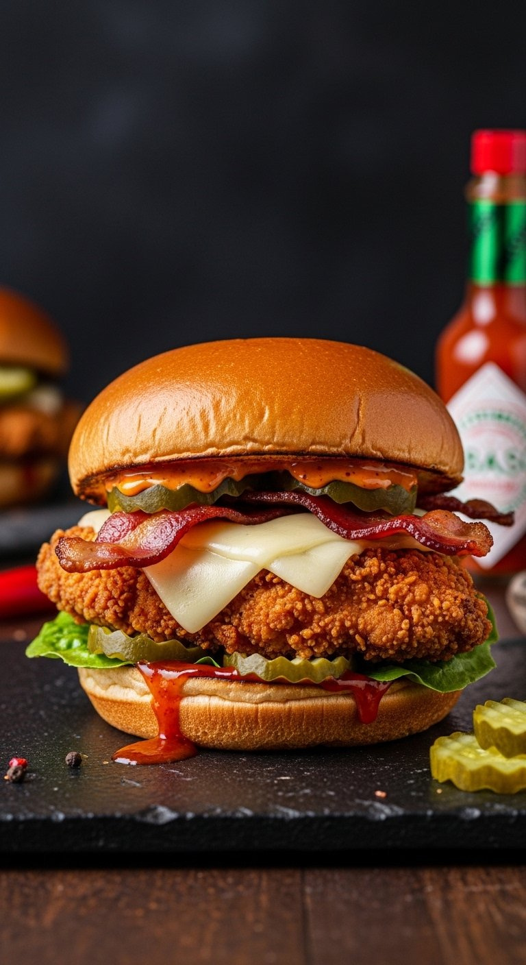 Loaded Spicy Garlic Bacon Chicken Sandwich With Pepper Jack Cheese And Crispy Fried Chicken.