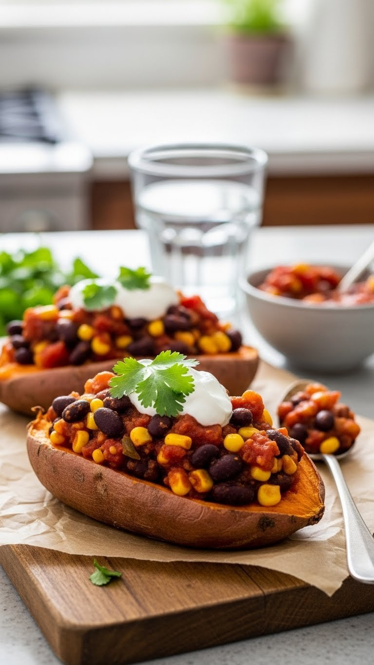 Loaded Sweet Potato Bake Topped With Vegetarian Chili Made From Black Beans, Corn, And Tomatoes With Greek Yogurt Garnish