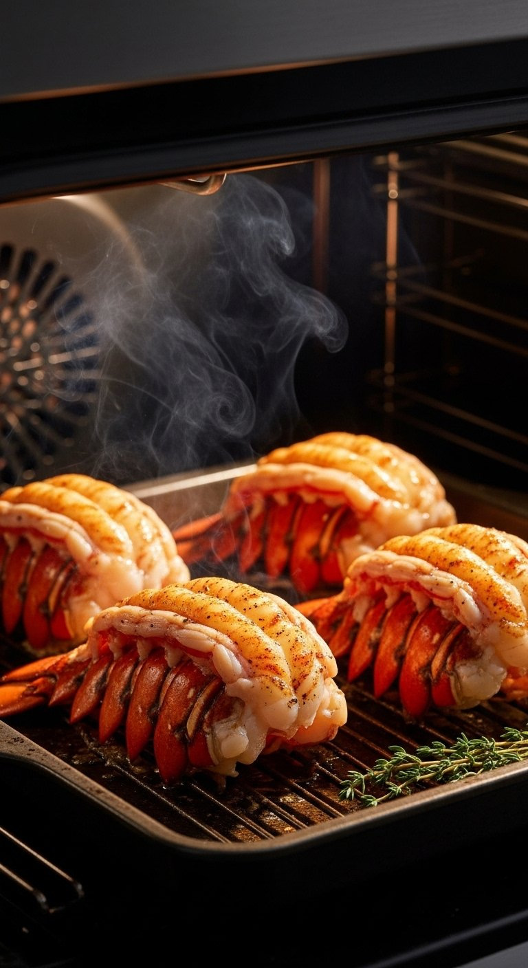 Lobster Tails Broiling In An Oven Pan With Golden Brown Caramelized Edges And Steam Rising From The Meat.