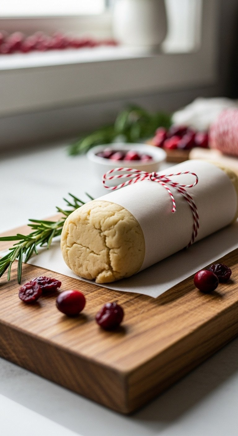 Log Of Shortbread Cookie Dough In Parchment Paper Tied With Twine On A Wood Board With Cranberries And Rosemary Nearby.