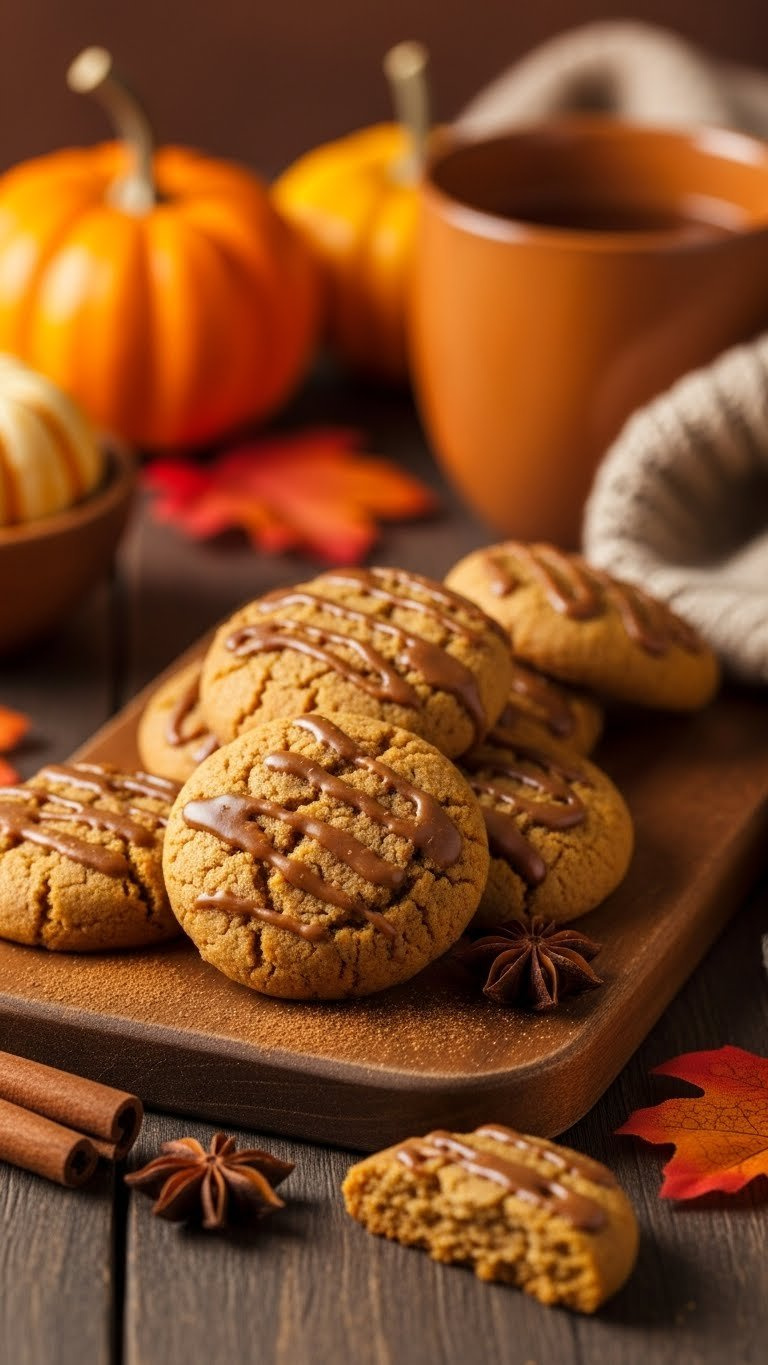Low-Calorie Pumpkin Spice Cookies With Cinnamon Dusting On Wooden Serving Board In Autumnal Setting