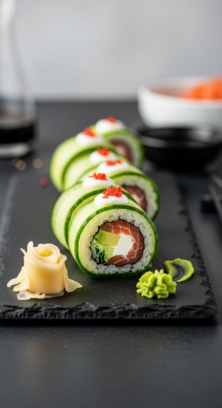 Low-Carb Cucumber Sushi Rolls With Salmon Cream Cheese And Avocado On A Black Slate Board With Soy Sauce