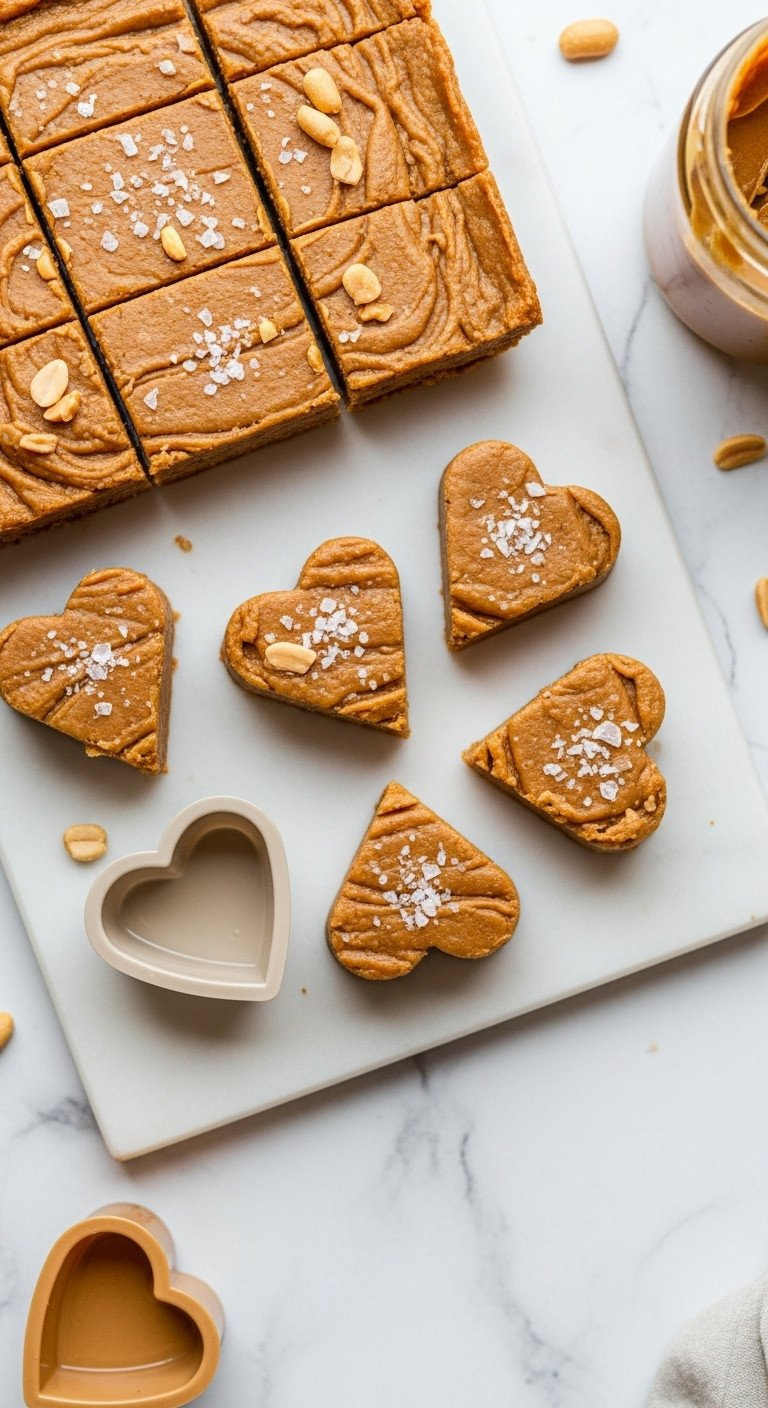 Low-Carb Keto Peanut Butter Fudge Cut Into Perfect Heart Shapes, Dense, Smooth, With Sea Salt, On White Marble.
