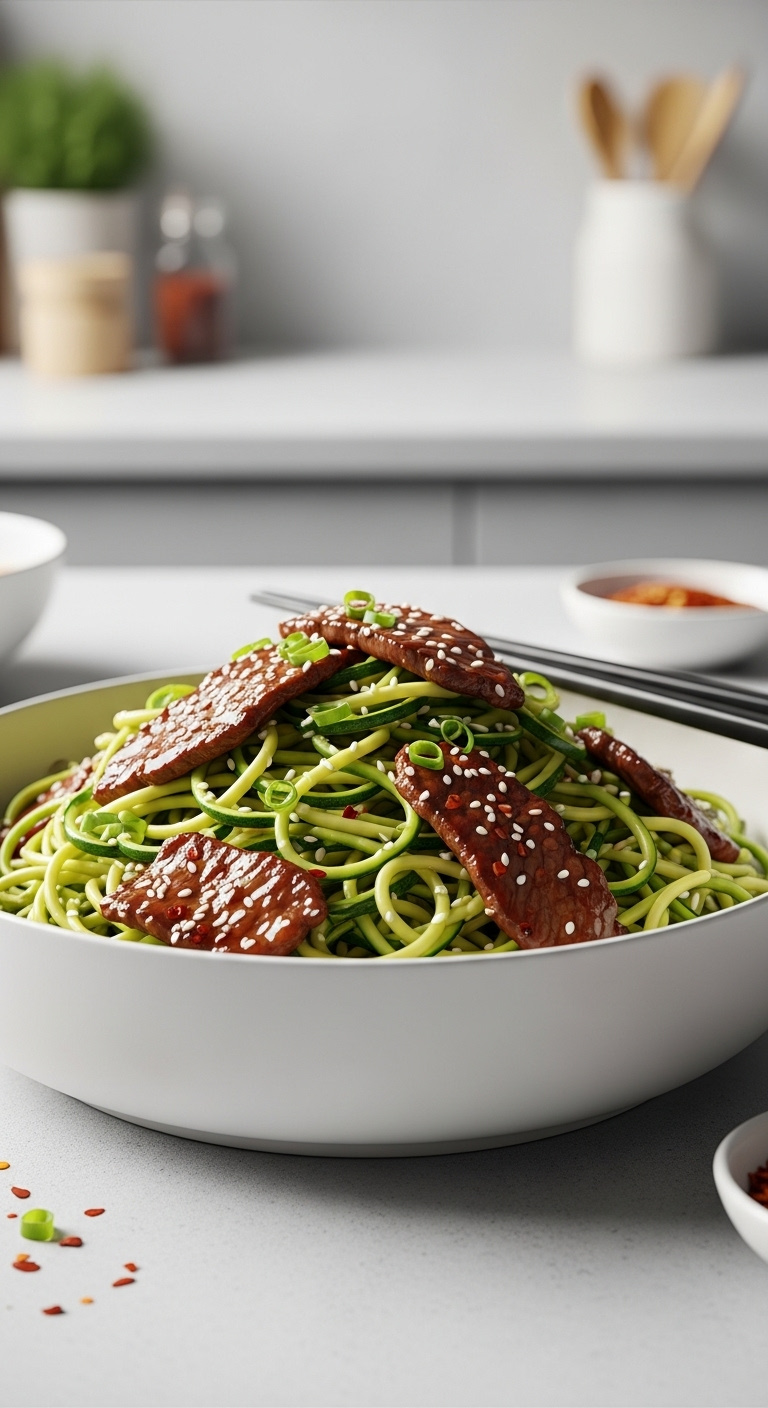 Low Carb Teriyaki Beef Zoodles With Sesame Seeds In A White Bowl With Chopsticks And Chili Flakes