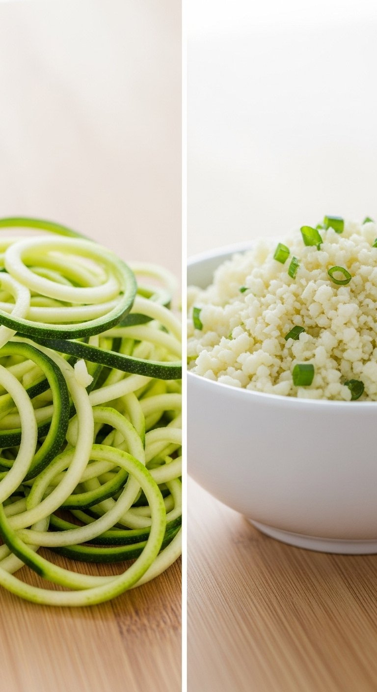 Low-Carb Vegetable Alternatives Showing Spiralized Zucchini Noodles And A Bowl Of Cauliflower Rice.