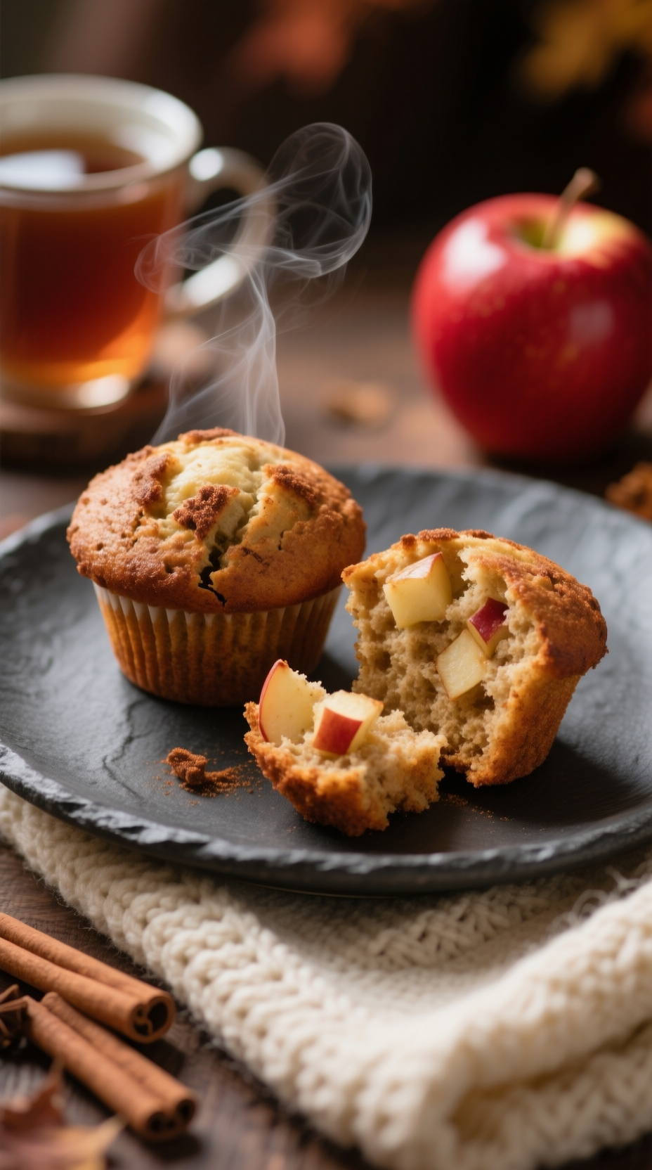 Low-Sugar Apple Cinnamon Spice Muffins On A Dark Slate Plate With A Steaming Mug And Red Apple In Warm Moody Light