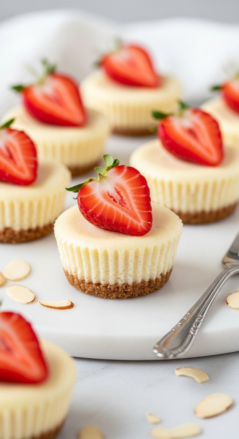 Low-Sugar Strawberry Cheesecake Bites With Glossy Sliced Strawberry, Creamy Filling, Almond Crust On White Marble.