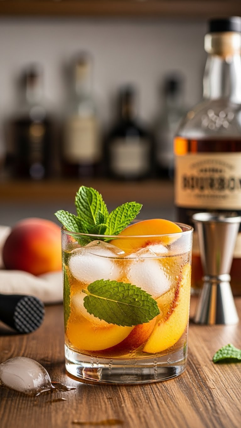 Lowball Glass With Muddled Peach Slices, Amber Bourbon, And Mint Sprigs Featuring Condensation On Rustic Wooden Table