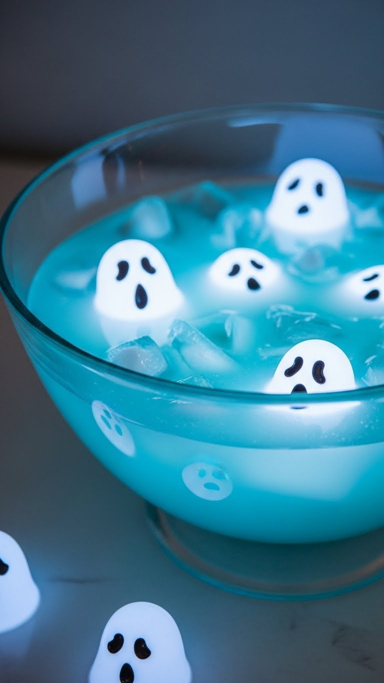 Luminous Pale Blue Glowing Ghostly Punch In Clear Glass Bowl With White Ghost Ice Cubes Under Subtle Uv Lighting