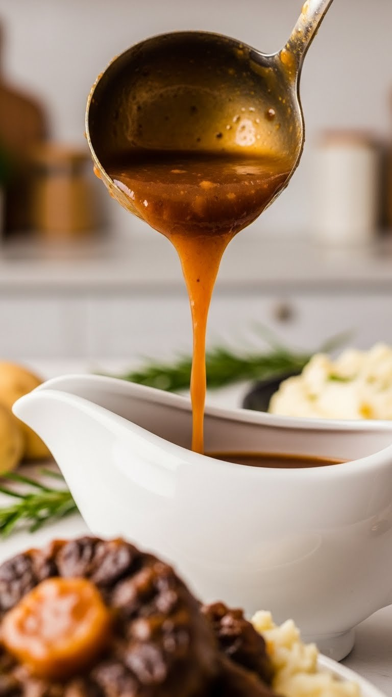 Luscious Instant Pot Oxtail Gravy Being Poured, Showcasing Its Glossy, Thick Texture And Rich Brown Color.