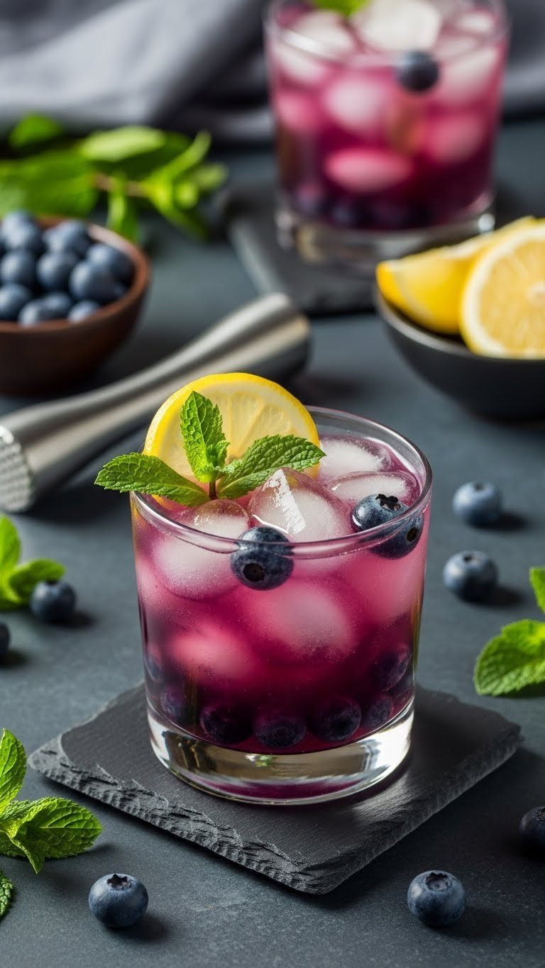 Luscious Blueberry Gin Smash In Rocks Glass With Muddled Blueberries And Mint Leaves Topped With Crushed Ice.