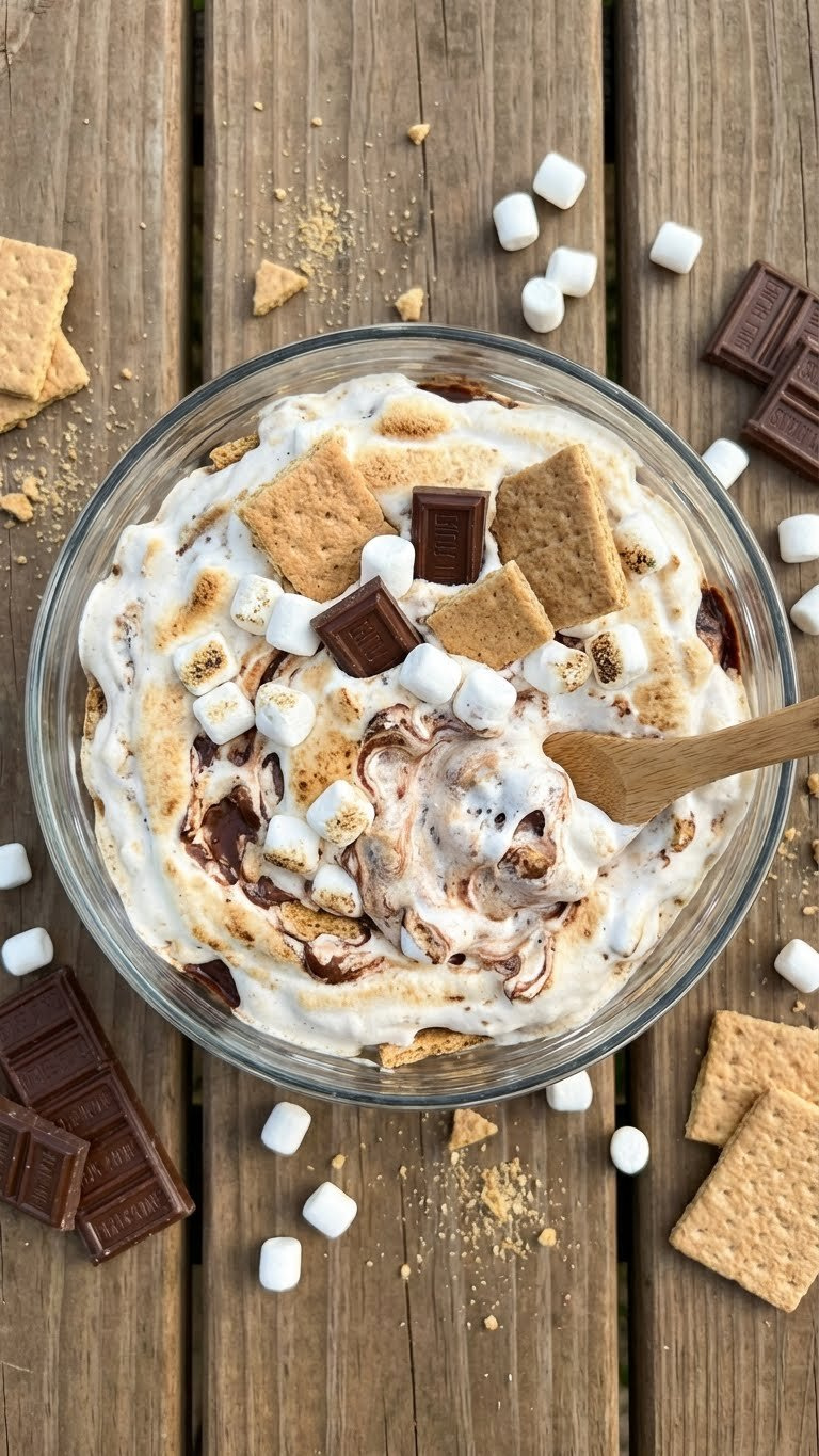 Luscious Bowl Of No-Bake S'mores Fluff With Marshmallow, Graham Crackers, Chocolate, And Toasted Top On A Picnic Table.