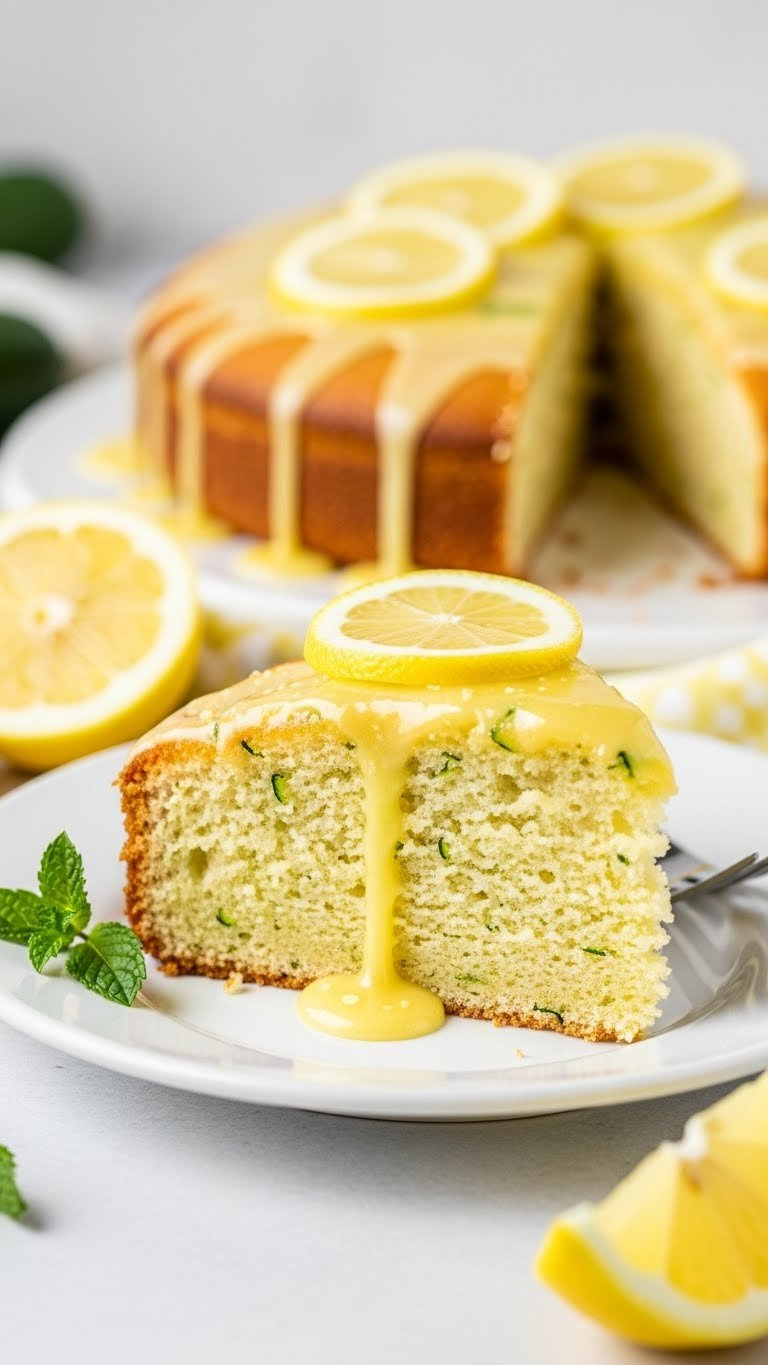 Luscious Lemon Zucchini Cake Slice With Lemon Glaze On White Ceramic Plate With Fresh Mint Garnish