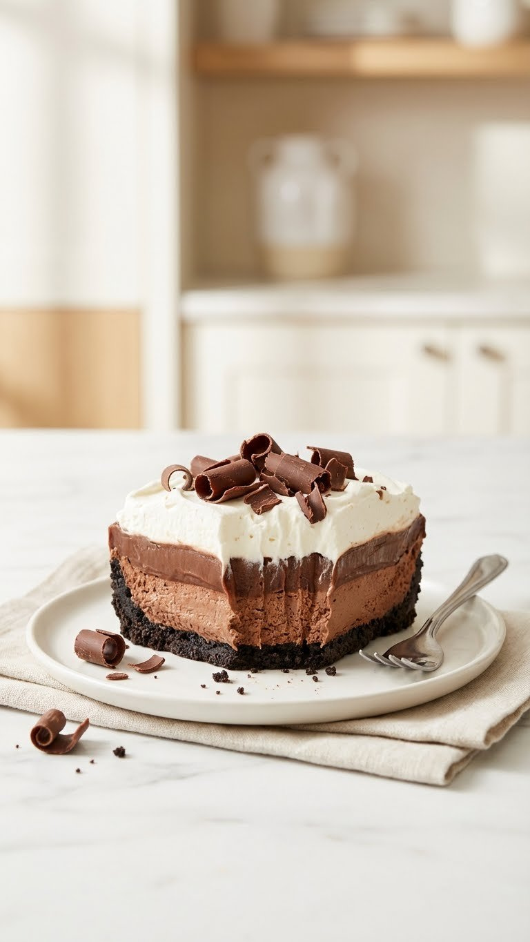 Luscious No-Bake Chocolate Delight With Distinct Layers, Whipped Cream, And Chocolate Shavings On A Marble Countertop With A Silver Fork.