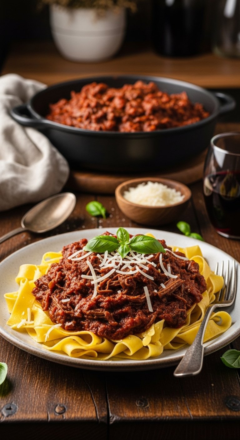 Luscious Slow Cooker Beef Ragu Served Over Al Dente Pappardelle Pasta Topped With Grated Parmesan Cheese And Fresh Basil.