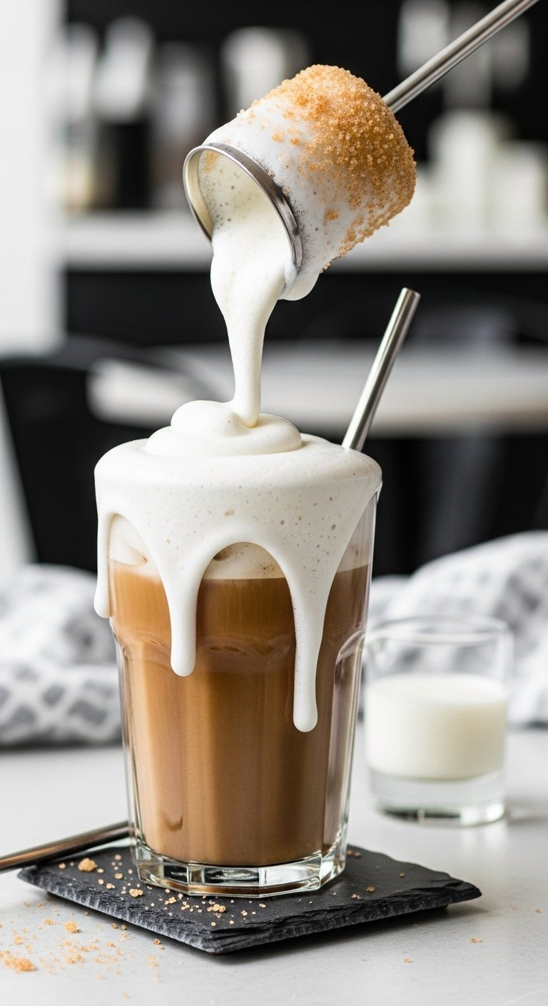 Luscious Sugar Cookie Cold Foam Cascading Over An Iced Latte With A Metal Straw On A Dark Slate Coaster.