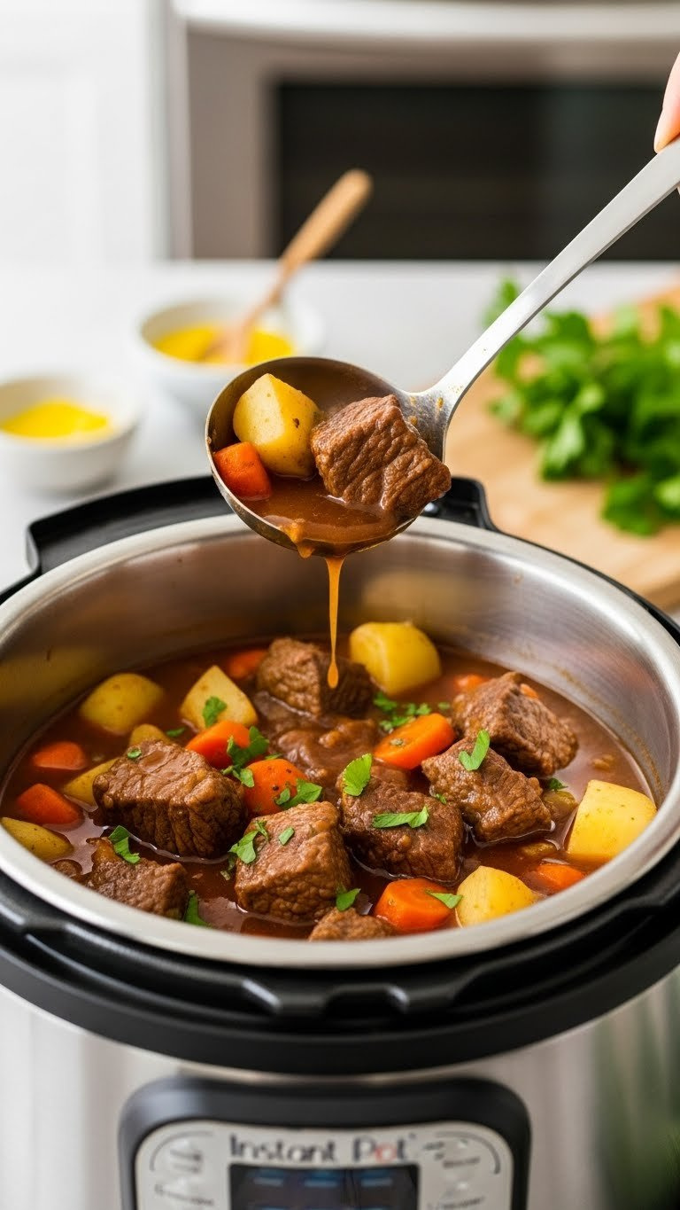 Luscious Thickened Instant Pot Beef Stew With Tender Beef, Vibrant Vegetables, And Fresh Parsley Garnish, Warmly Lit.