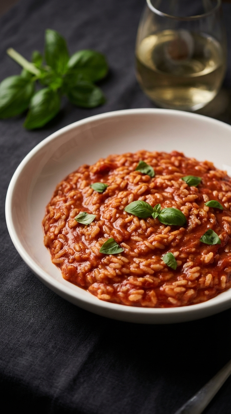 Luscious Vegan Tomato Risotto With Fresh Basil Garnish In White Pasta Bowl On Dark Linen Tablecloth