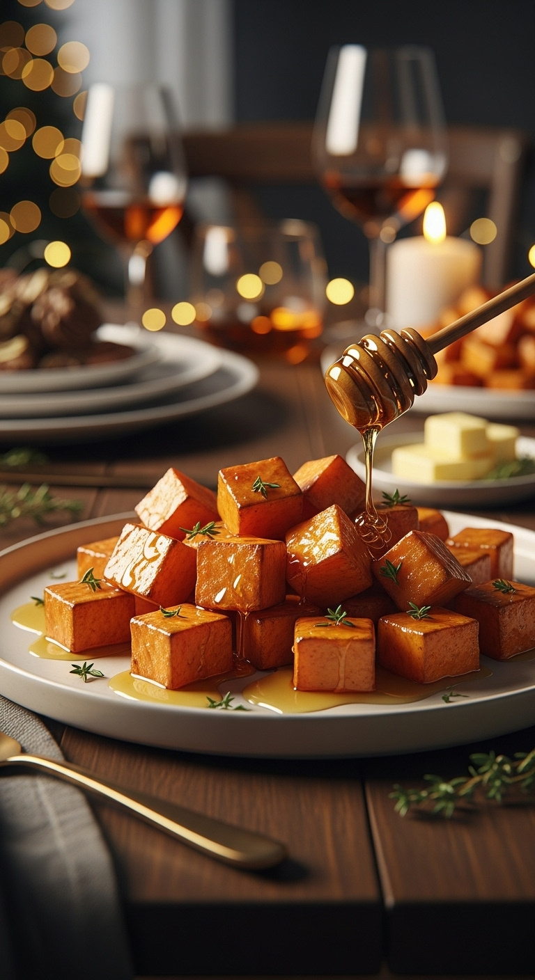 Lustrous Honey Butter Roasted Sweet Potato Cubes With Glaze On A Cream Plate With A Honey Dipper And Thyme