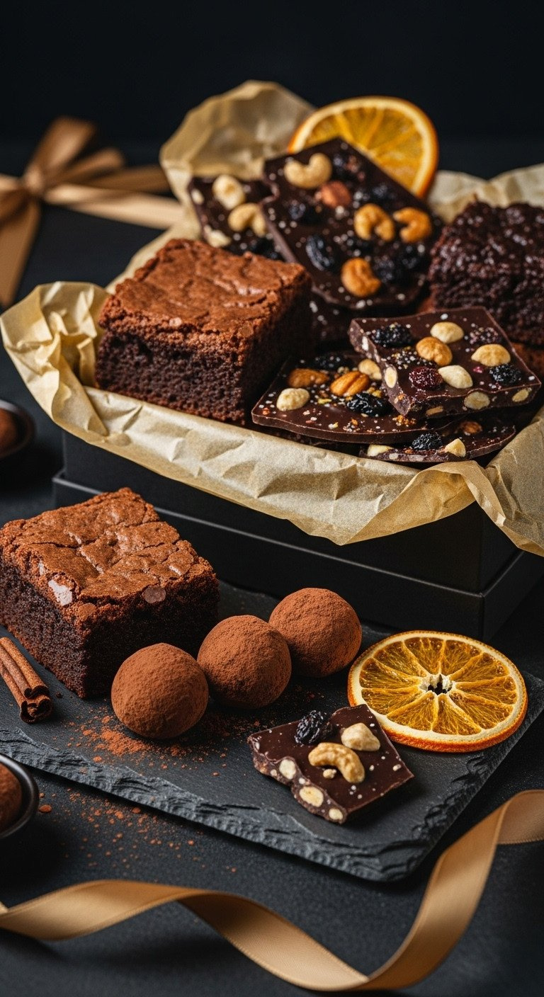 Luxurious Chocolate Lover's Gift Box With Fudgy Brownies, Cocoa-Dusted Truffles, And Dark Chocolate Bark On A Slate Board.