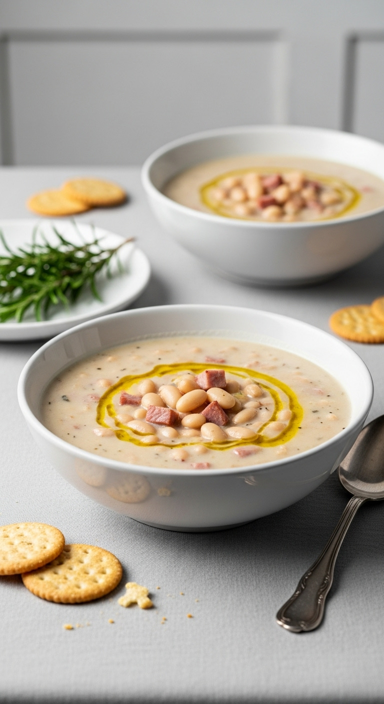 Luxurious Creamy Northern Bean And Ham Soup In An Elegant Porcelain Bowl, Drizzled With Olive Oil And Garnished With Rosemary.