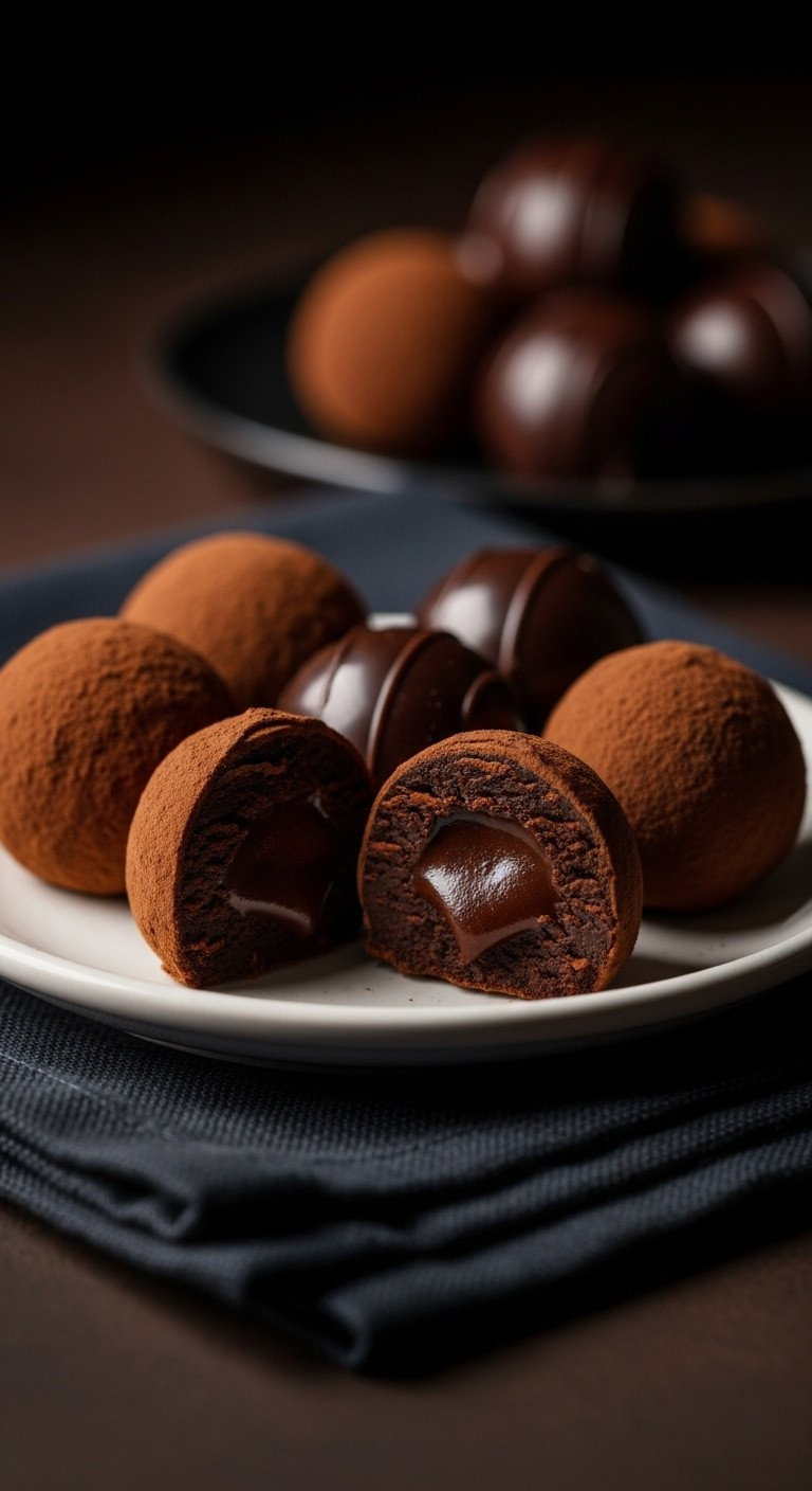 Luxurious Dark Chocolate Truffles Rolled In Cocoa Powder On A Ceramic Dish, With One Cut To Show The Ganache Interior.
