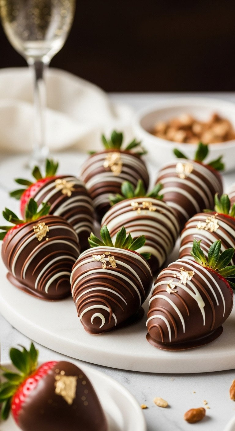 Luxurious Red Chocolate-Covered Strawberries With Milk And White Chocolate Drizzle, Edible Gold Leaf On White Marble For Dessert.