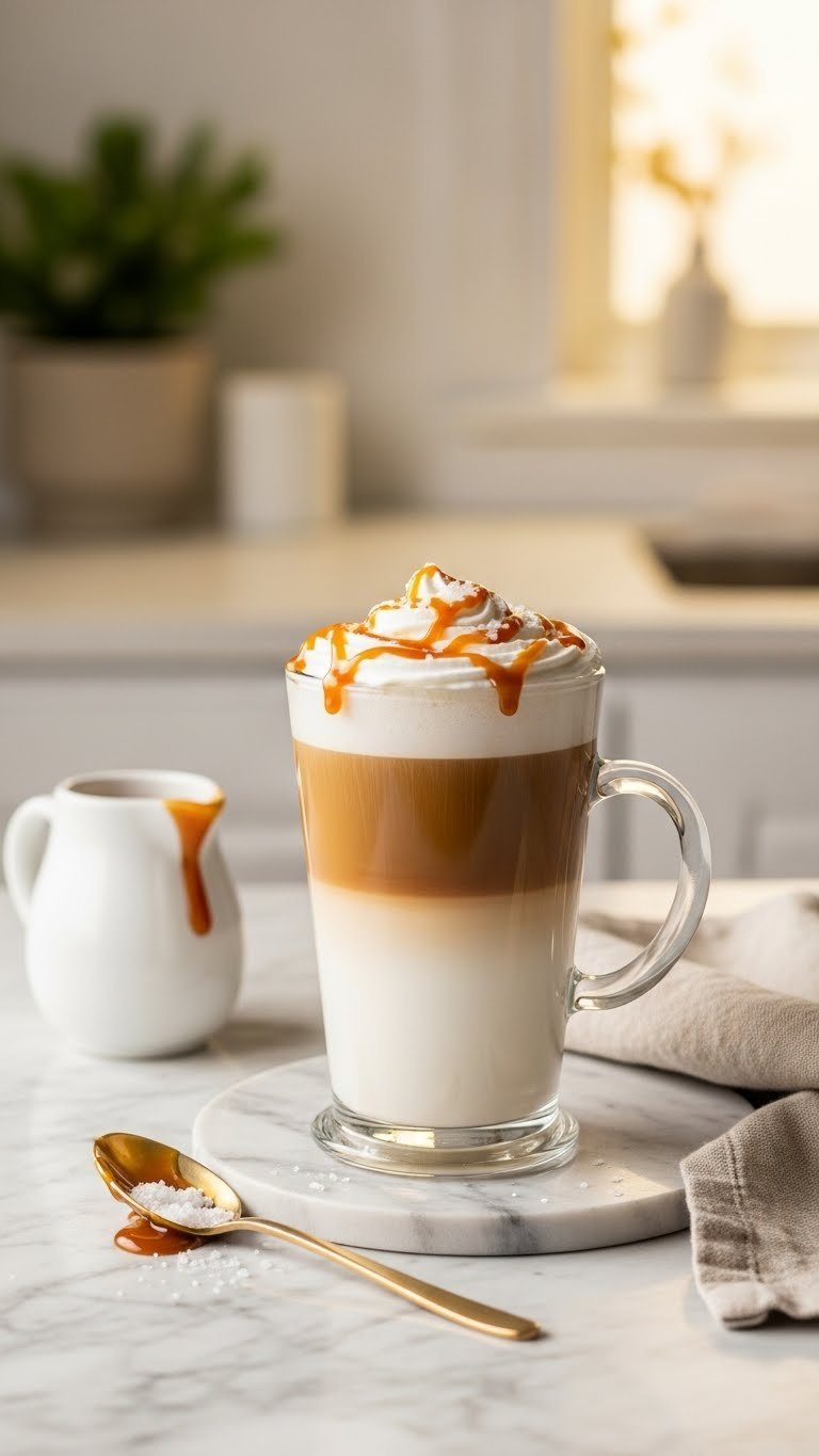 Luxurious Salted Caramel Macchiato In Tall Glass Mug With Layered Milk, Espresso, Caramel Drizzle, And Whipped Cream On Marble Countertop.