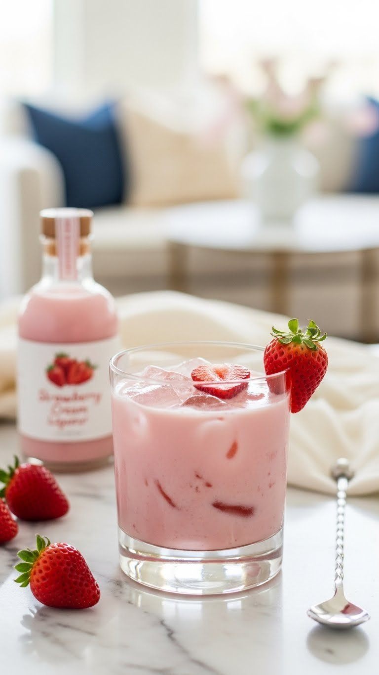 Luxurious Strawberry And Cream Liqueur Drink On Rocks With Fresh Strawberry Slices In Elegant Tumbler Glass.