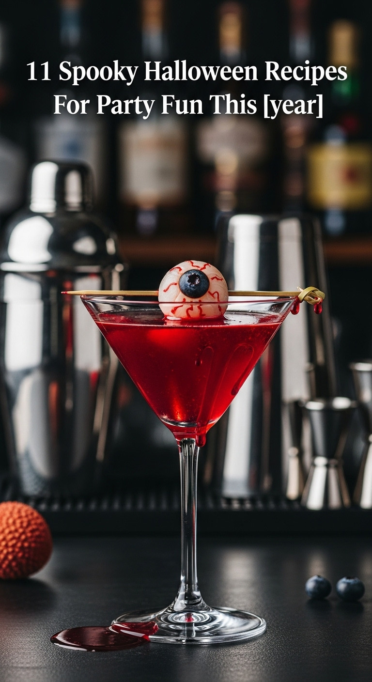 Lychee And Blueberry Eyeball Garnish In A Blood-Red Cocktail On A Dark Bar Top For A Creepy Halloween Drink