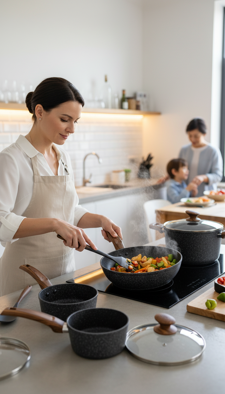 A Maison Arts Frying Pan On An Induction Cooktop With An Egg Sliding Out.
