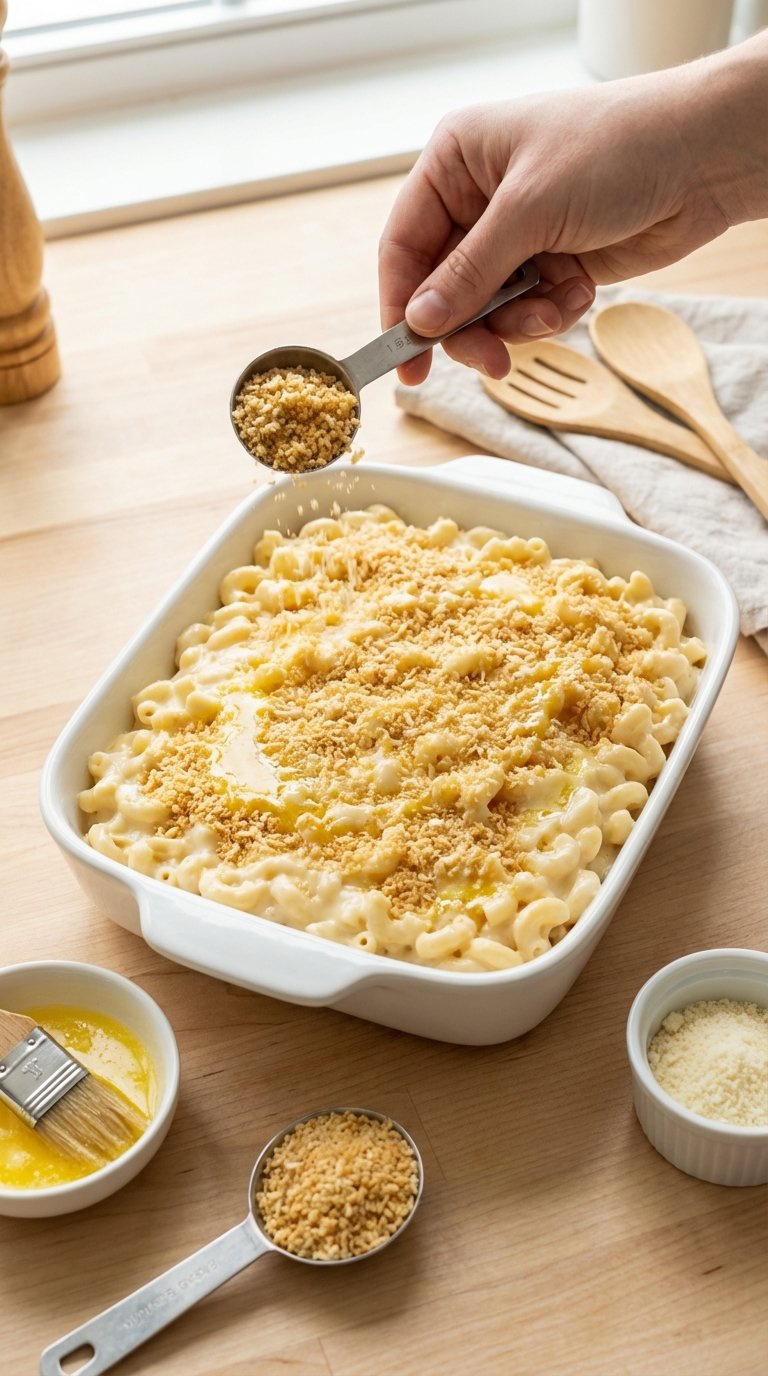 Mac And Cheese Casserole Topped With Golden-Brown Panko Breadcrumbs Being Sprinkled Over Cheesy Surface