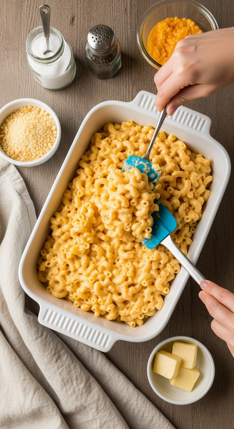 Mac And Cheese Mixture In White Ceramic 9X13 Baking Dish On A Rustic Table, Ready For Topping. Delicious Comfort Food Prep.
