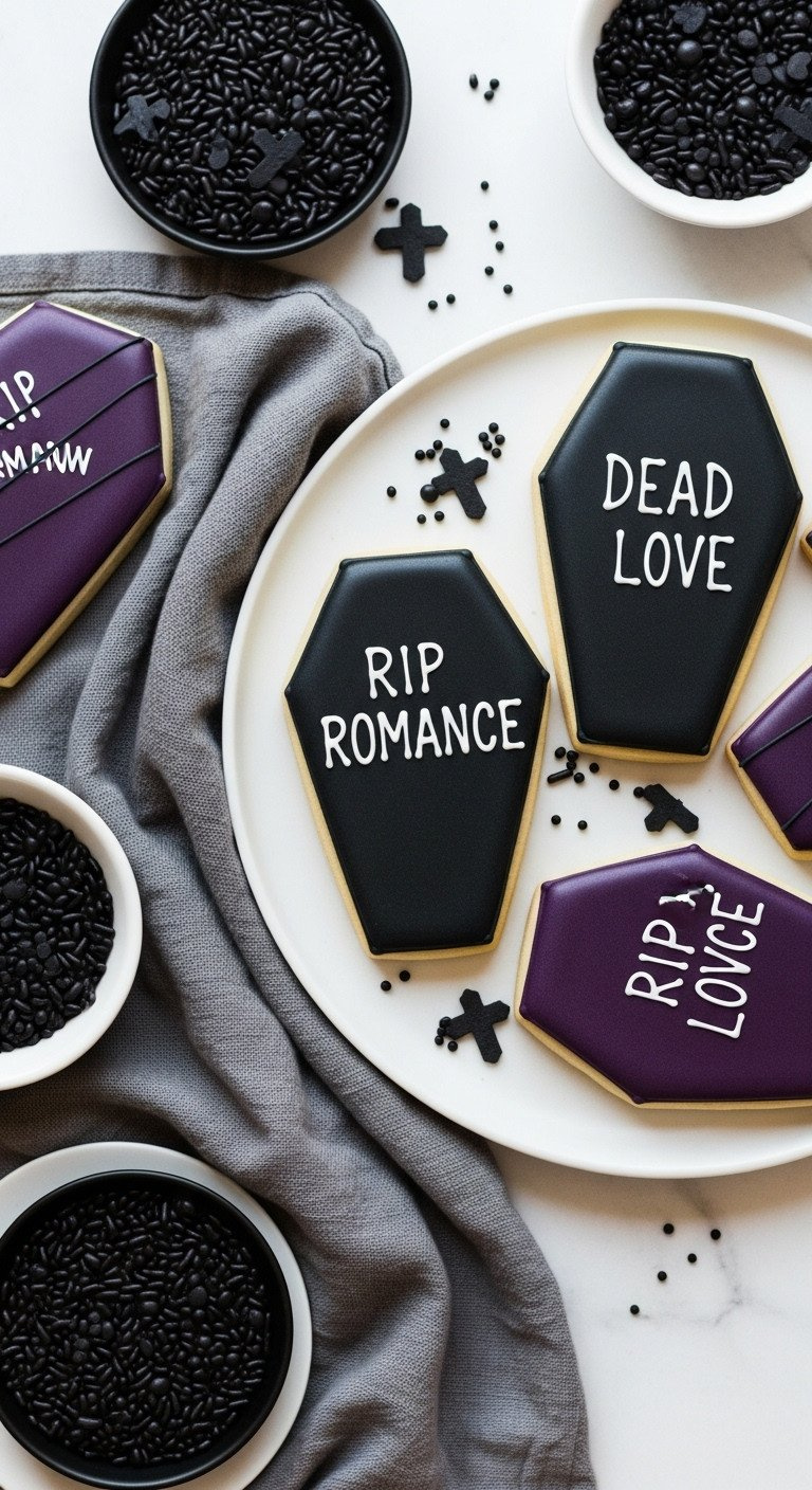 Macabre Black Coffin Sugar Cookies With White Piping, Nonpareils, Edible Crosses On A Simple White Platter.