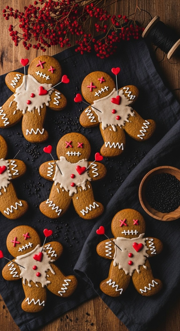 Macabre Voodoo Doll Gingerbread Cookies With Distressed Icing, Pins, Red Hearts, Black Nonpareils On Rustic Wood.