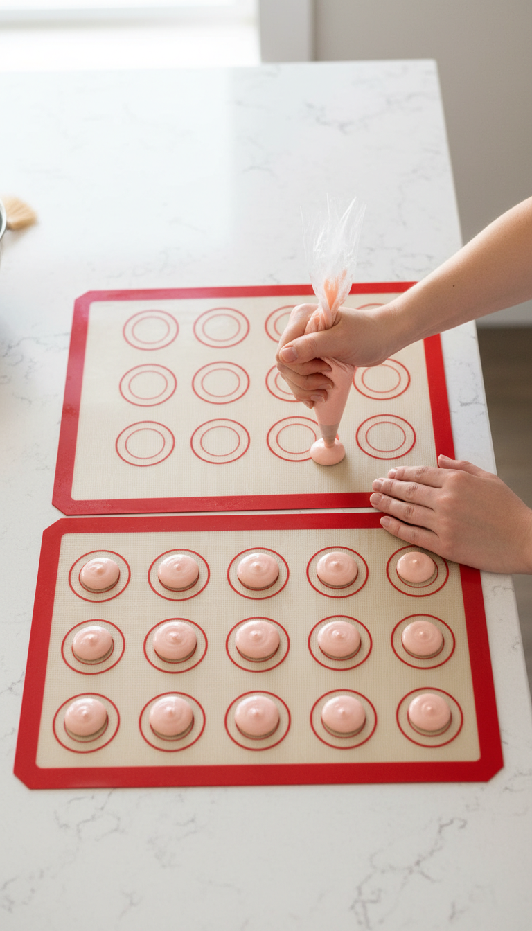 An Image Showing A Baking Sheet Half-Lined With A Silicone Macaron Mat And Half With Parchment Paper, Both With Freshly Piped Macaron Batter.
