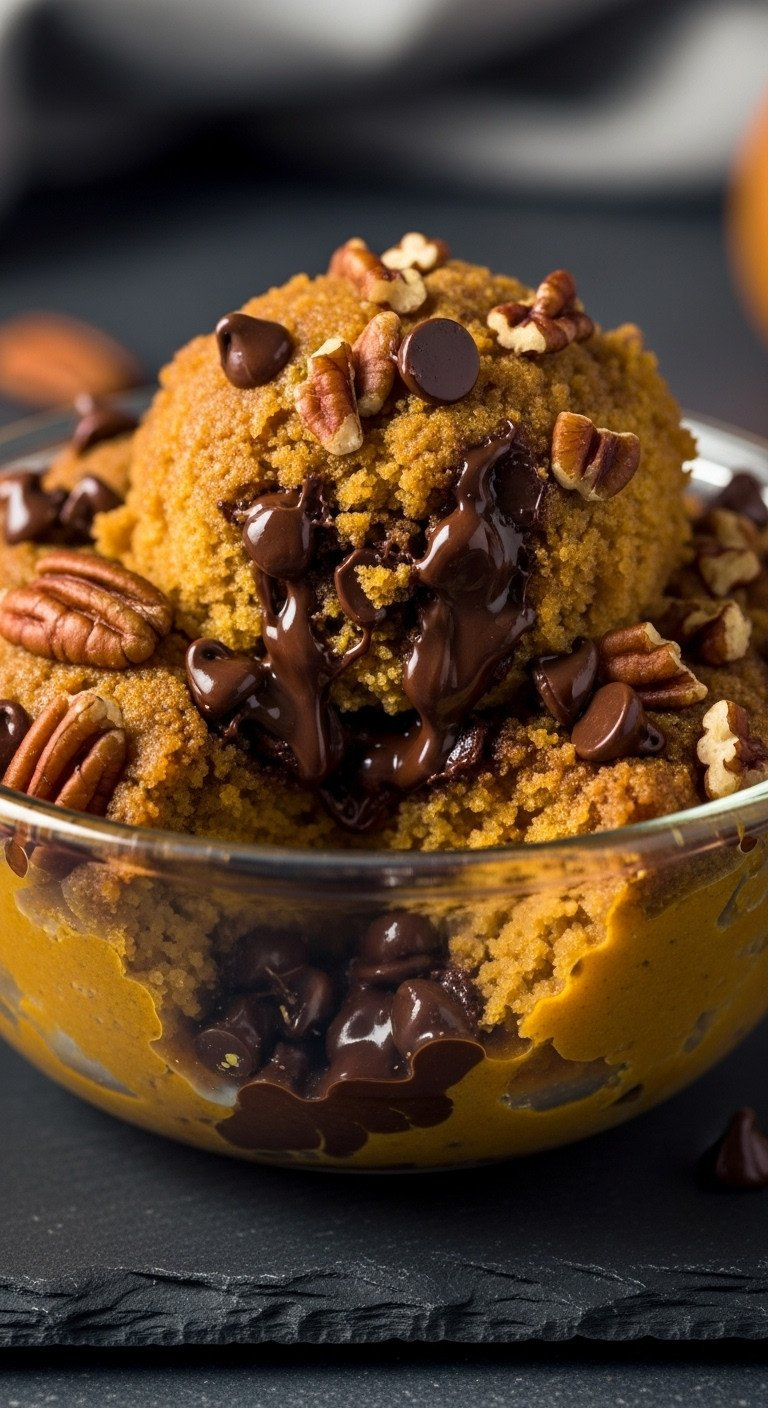 Macro: Pumpkin Dump Cake In Glass Bowl, Melted Chocolate Chips, Golden Pecan Topping. Creamy Orange Base, Dark Slate, Dramatic Lighting.