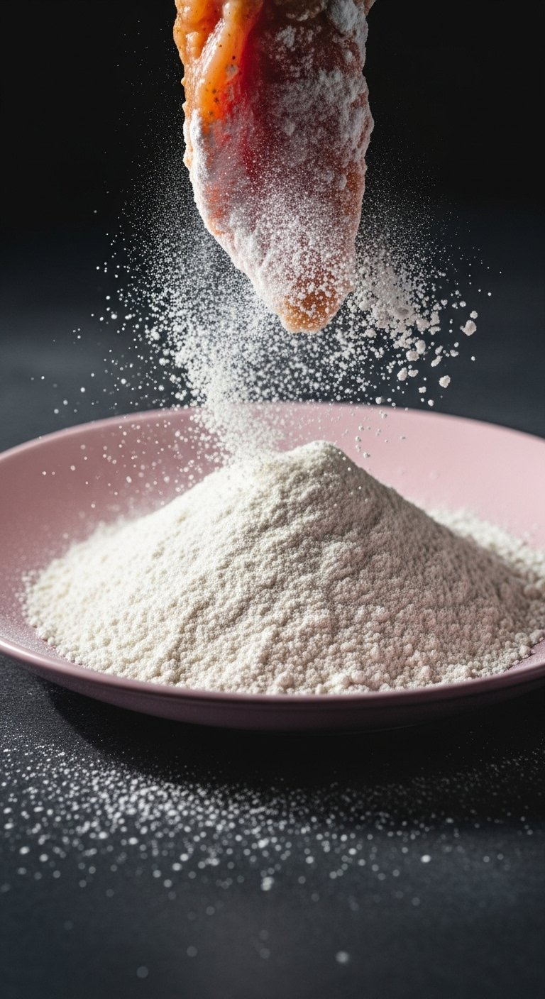 Macro Action Shot Of Chicken Piece Being Dredged In White Cornstarch Coating With Flour Dust.