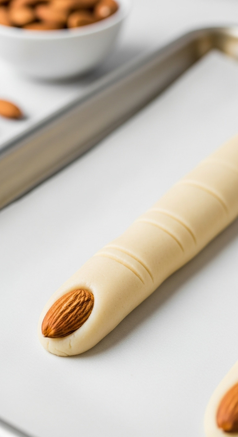 Macro Close-Up Of A Blanched Almond Being Pressed Into Unbaked Witch Finger Cookie Dough For A Fingernail.
